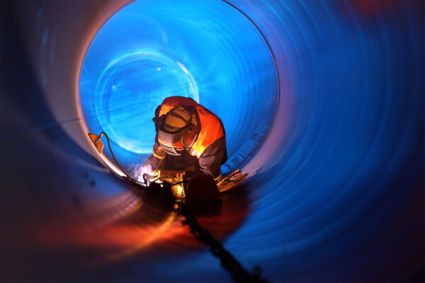 Man in oil pipeline that is free of toxic fumes because of dust collection for gas pipeline equipment