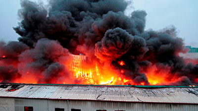 Building on fire because if an explosion, due to a metalworking dust explosion.