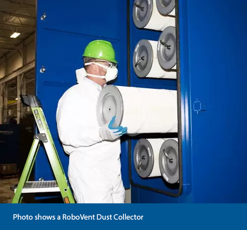 RoboVent service technician demonstrating how to properly remove filters from a Spire weld fume extractor.