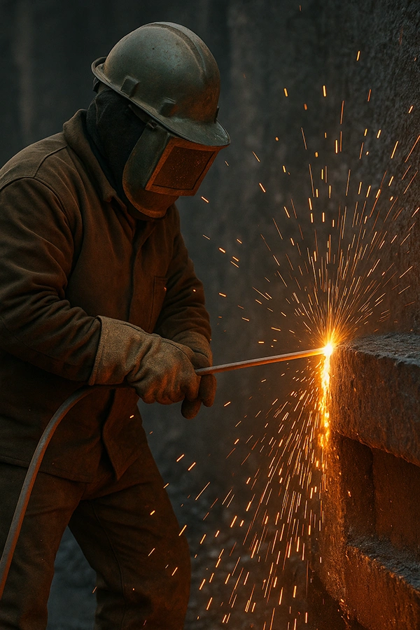 Worker in full protective gear using a thermal lance to cut into a large metal part. Sparks fly as the lance generates intense heat and smoke.