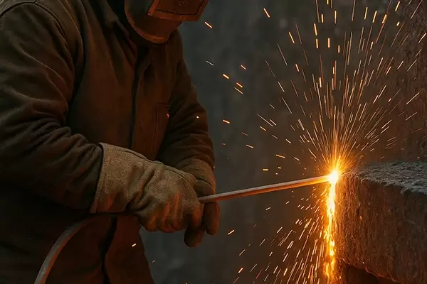Worker in full protective gear using a thermal lance to cut into a large metal part. Sparks fly as the lance generates intense heat and smoke.