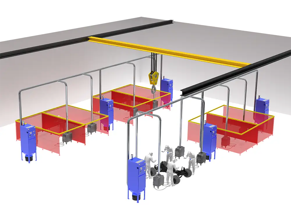 Engineered dust collection system design Engineered dust collection system design showing ductwork, collectors and work cells in a manufacturing facility layout.