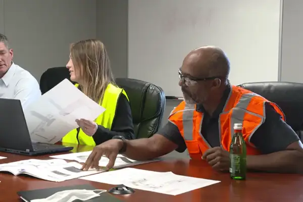 Engineering team reviews dust collection system design plans during a project meeting.
