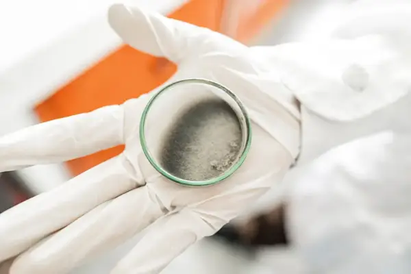 Gloved lab technician examines a collected dust sample as part of industrial dust testing and analysis