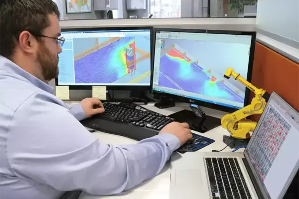 RoboVent engineer reviews airflow modeling data to evaluate indoor air quality compliance in an industrial facility.