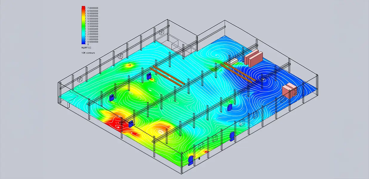 Airflow and dust concentration map Airflow and dust concentration map used to collect data before designing and building a dust collection system.